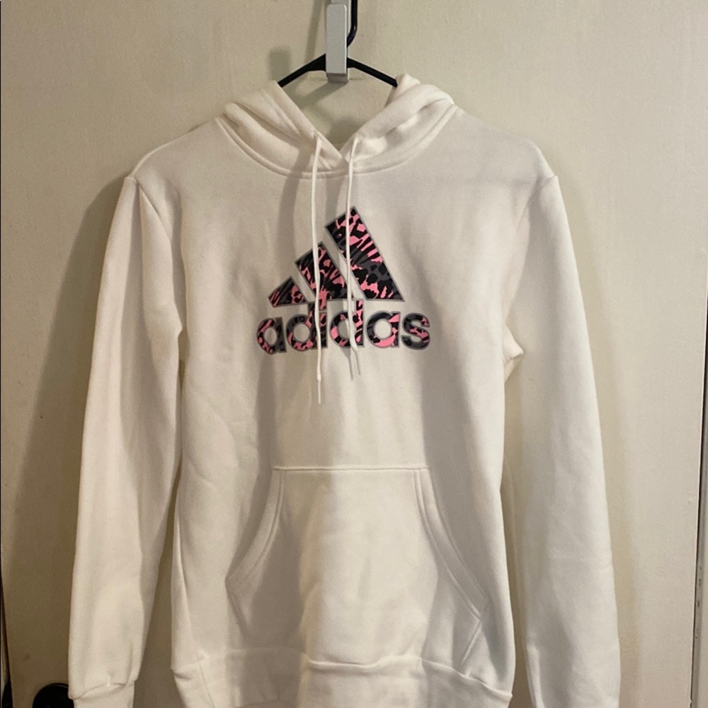 adidas White Hoodie with Pink Pattern Logo - Picture 1 of 4
